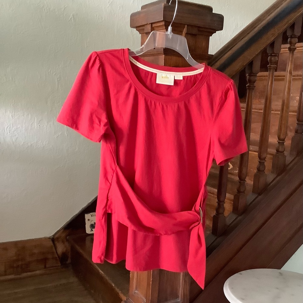 Anthropologie Maeve red sash belt T-shirt, size L